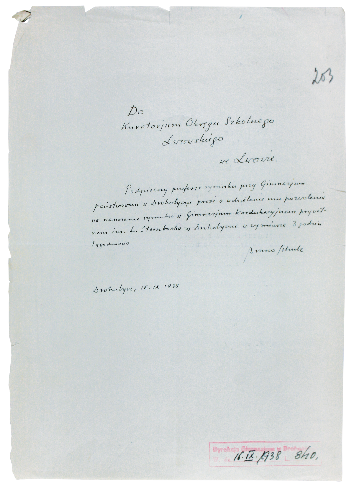 List Schulza do Kuratorium Okręgu Szkolnego Lwowskiego z 16 września 1938_1