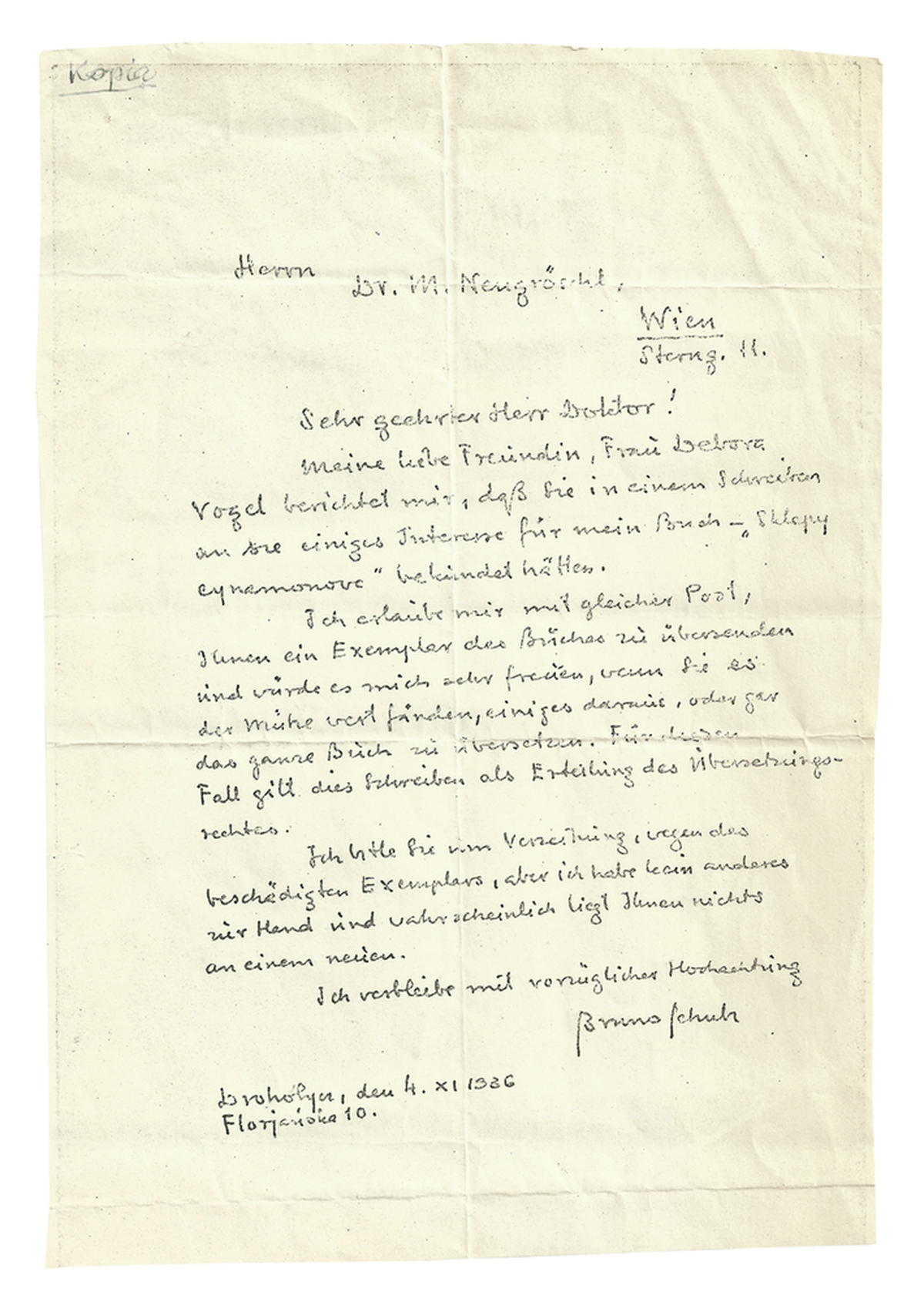 List Brunona Schulza do Mendla Neugröschla z 4 listopada 1936_1