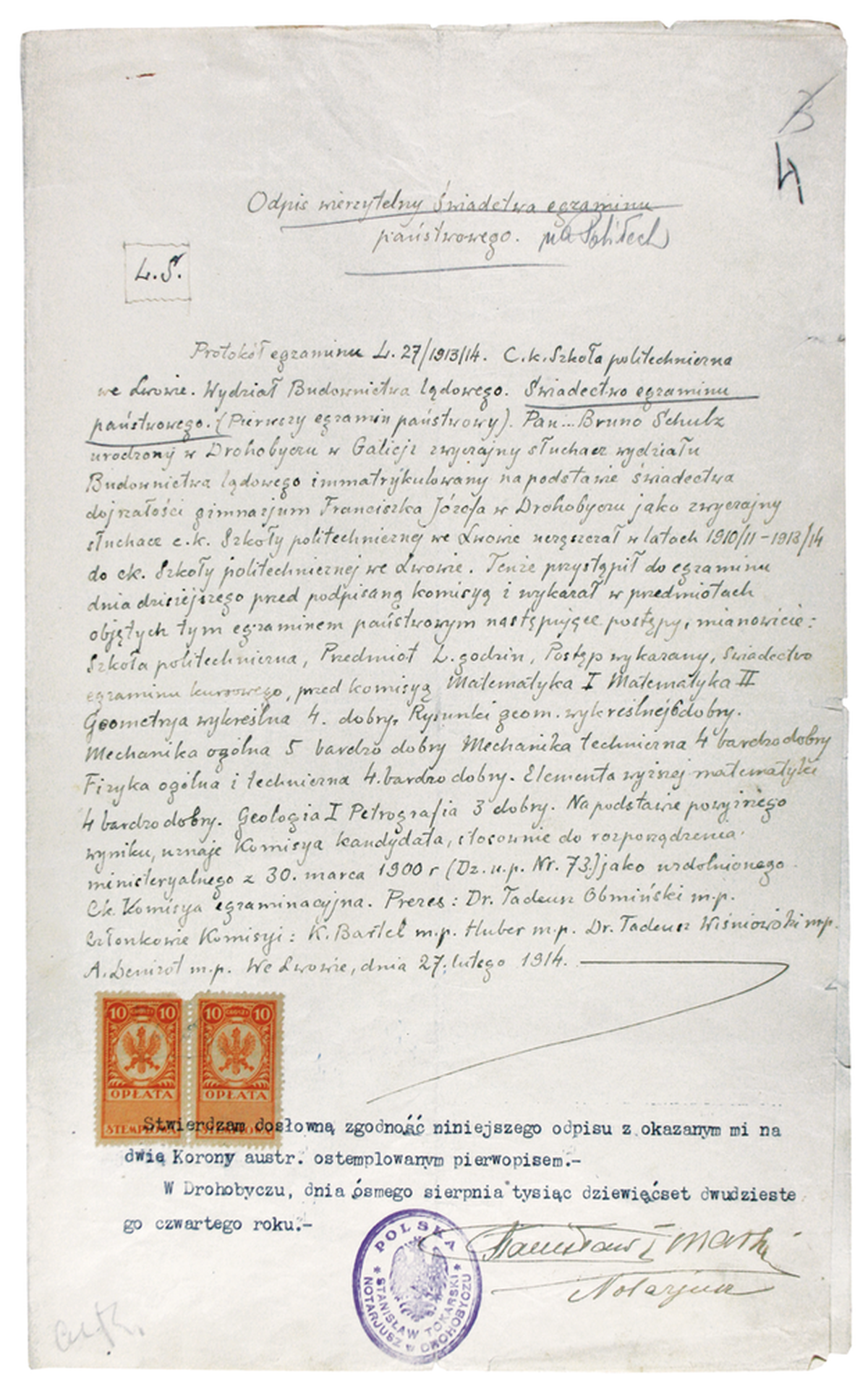 Odpis wierzytelny świadectwa egzaminu państwowego z 1924 roku