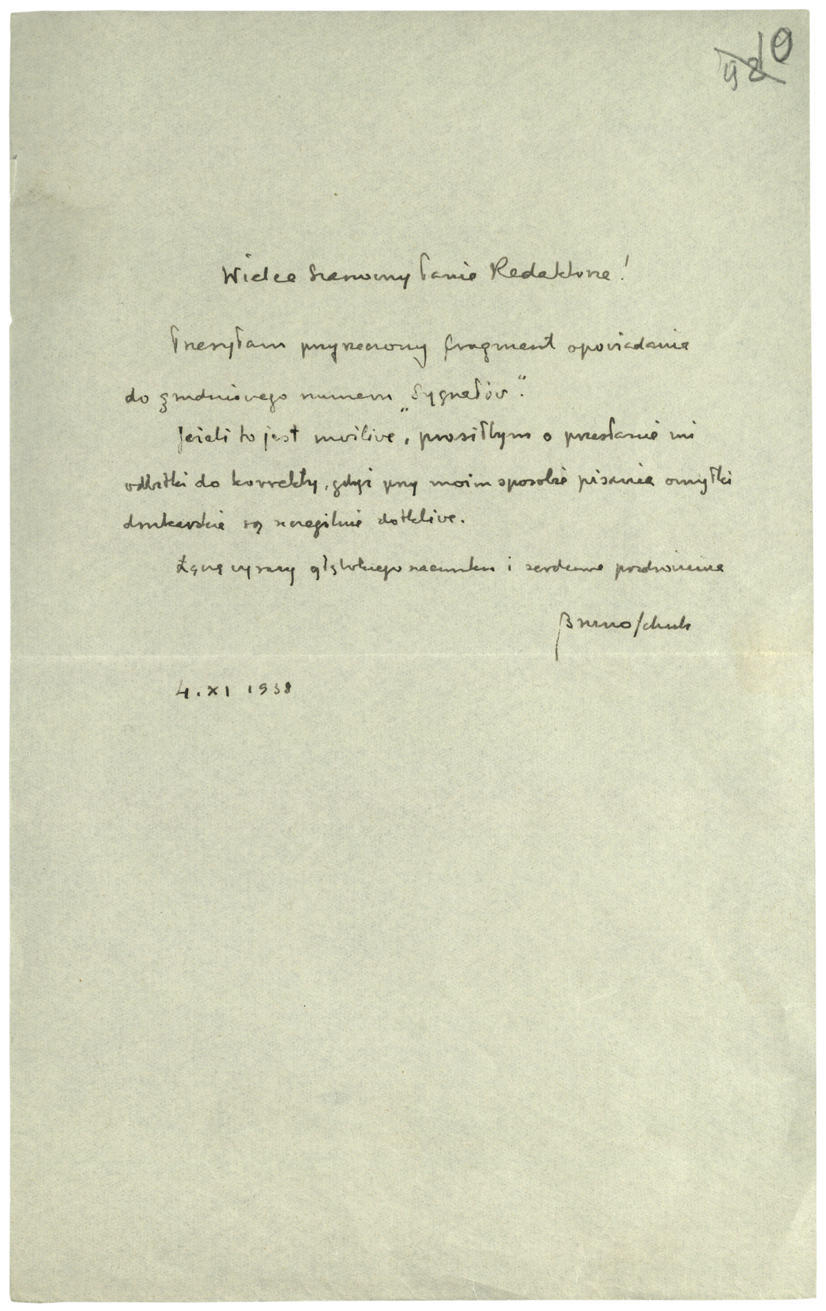 List Schulza do Redakcji Sygnałów z 4 listopada 1938