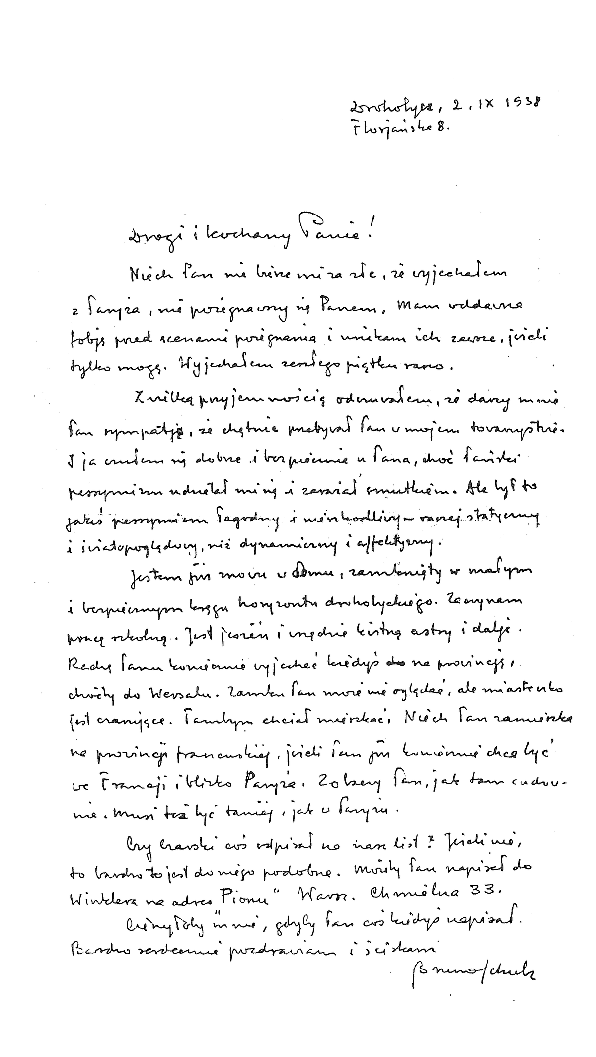 List Schulza do Ludwika Lillego z 2 września 1938