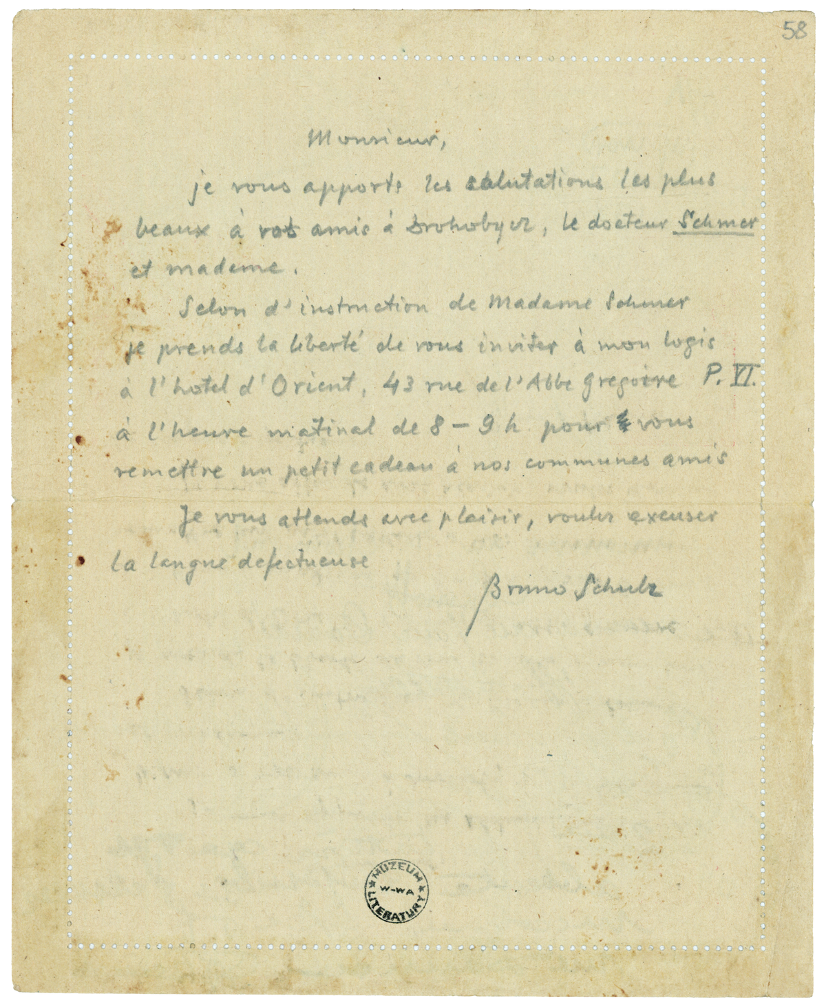 List Brunona Schulza w języku francuskim do Elio Ganzerlo z 3 sierpnia 1938_1