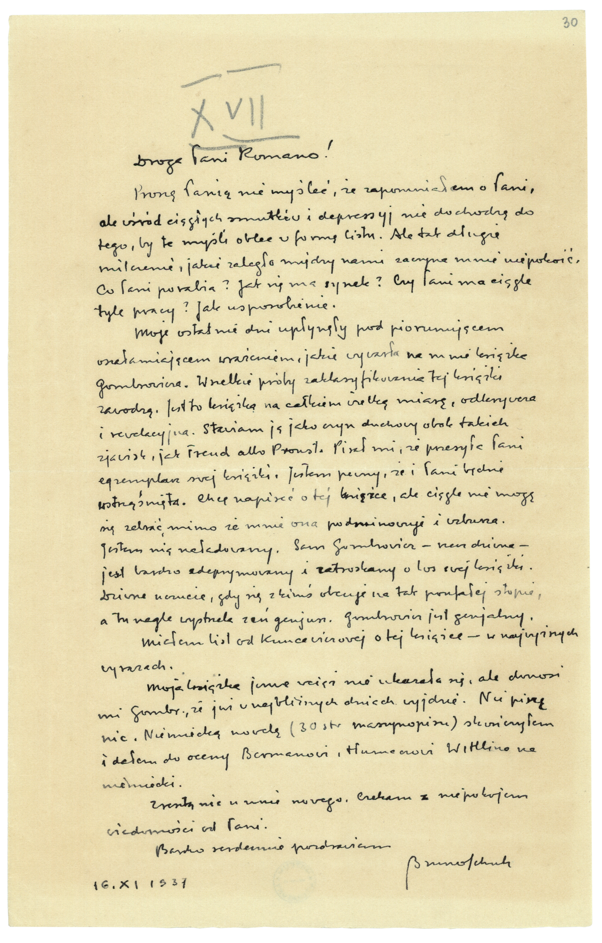 List Brunona Schulza do Romany Halpern z 16 listopada 1937_1