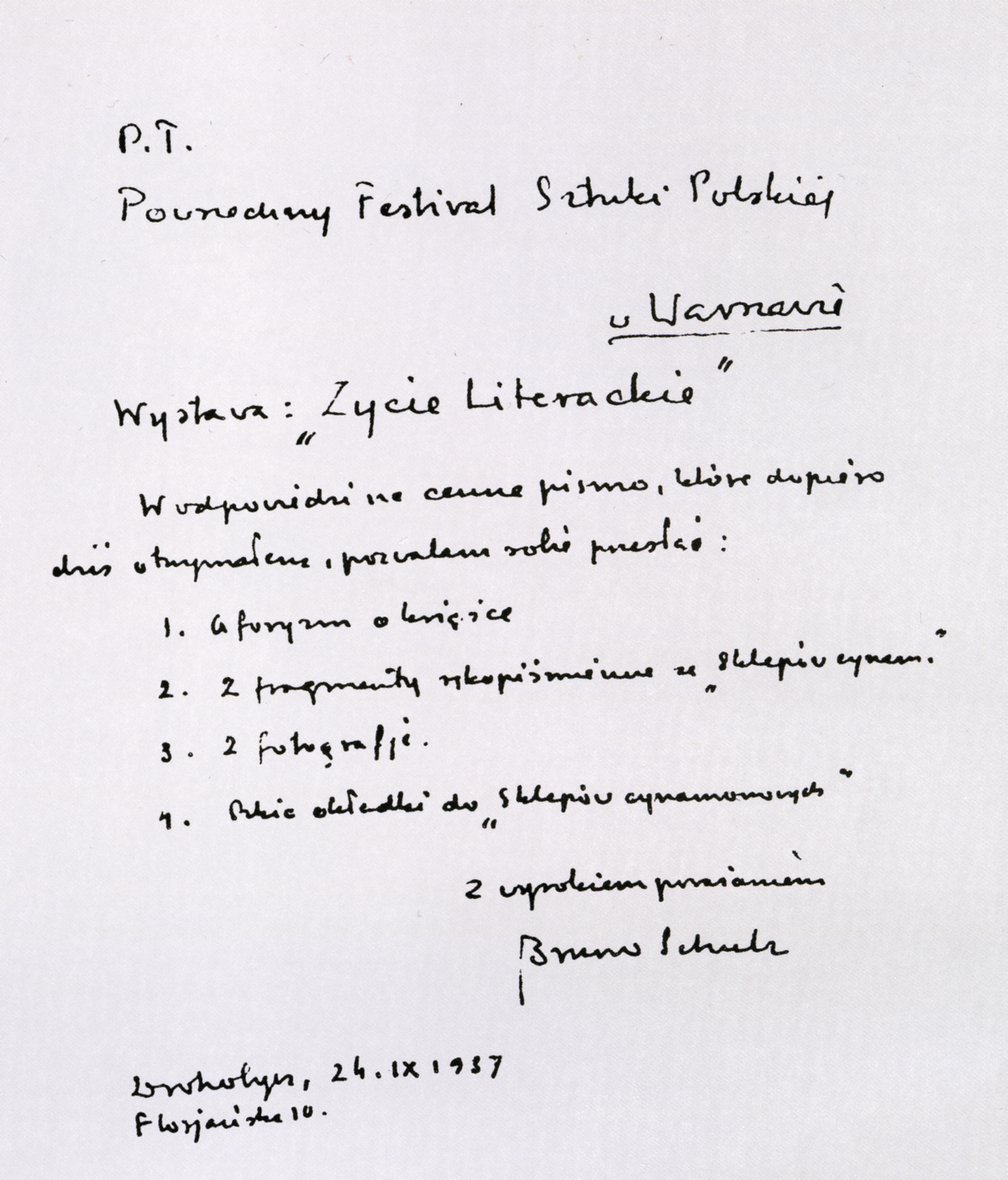 List Brunona Schulza do organizatorów Powszechnego Festiwalu Sztuki Polskiej w Warszawie z 24 września 1937