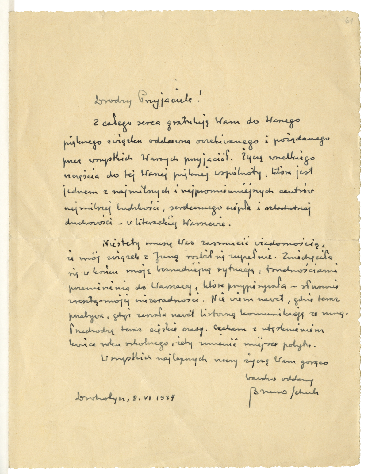 List Brunona Schulza doTadeusza i Zofii Brezów z 8 czerwca 1937_1
