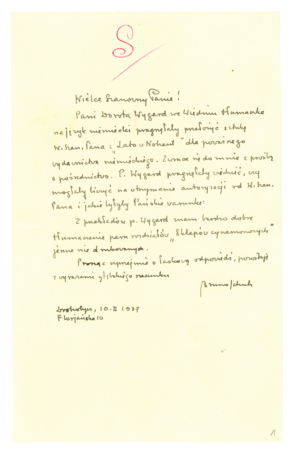 List Brunona Schulza do Jarosława Iwaszkiewicza z 10 lutego 1937_1