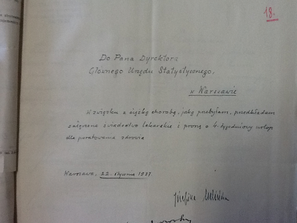 Podanie Józefiny Szelińskiej do dyrektora Głównego Urzędu Statystycznego z 22 stycznia 1937