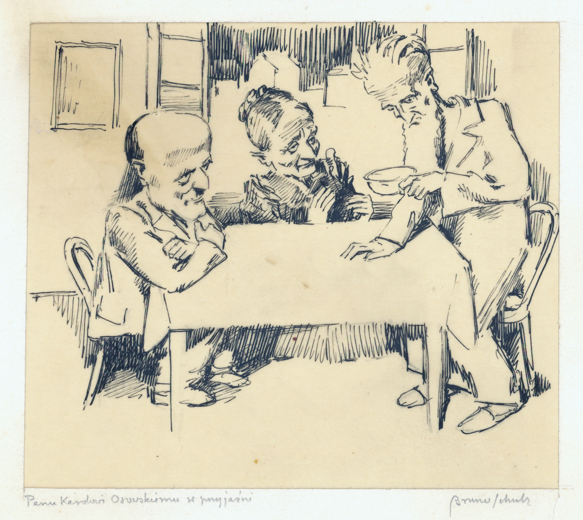 Bruno Schulz, Ilustracja do opowiadania <i>Dodo</i> (scena przy stole: Dodo, ciotka Retycja i wuj Hieronim), przed 1936