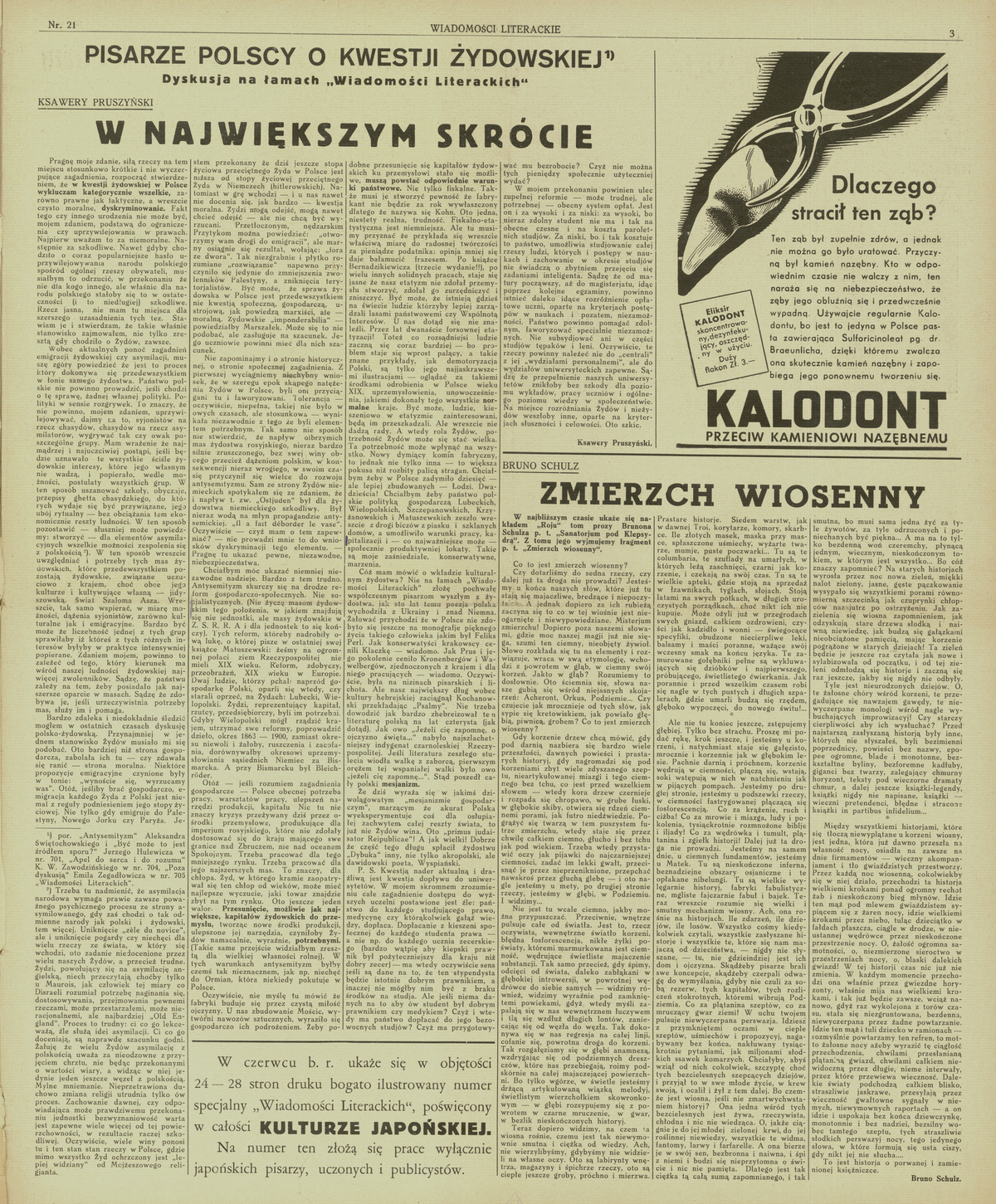 Bruno Schulz, <i>Zmierzch wiosenny</i>, „Wiadomości Literackie” 1937, nr 21, s. 3