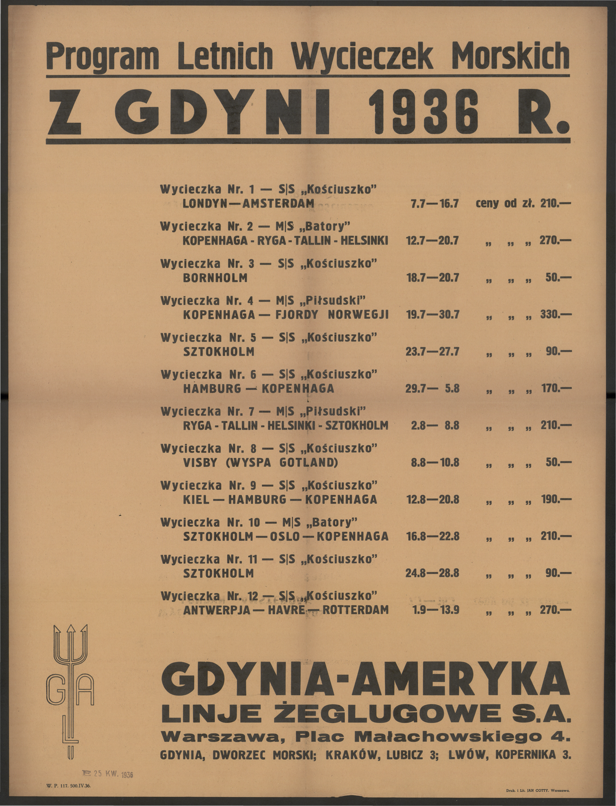Program letnich wycieczek morskich z Gdyni w 1936 roku