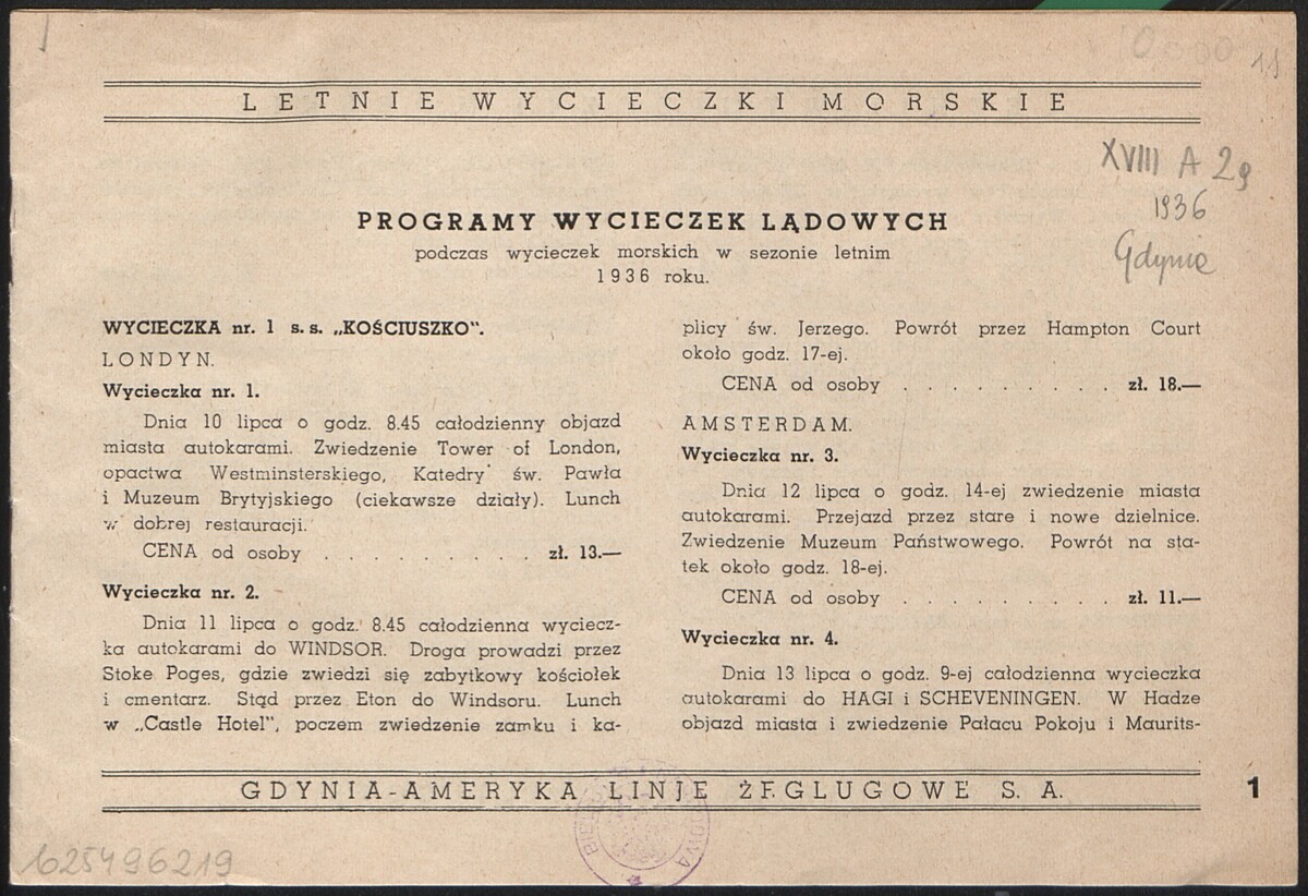 Programy wycieczek lądowych podczas wycieczek morskich w 1936 roku