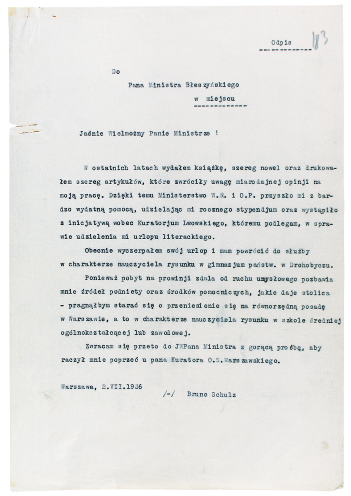 List Brunona Schulza do Ministra Błeszyńskiego z 2 lipca 1936_1