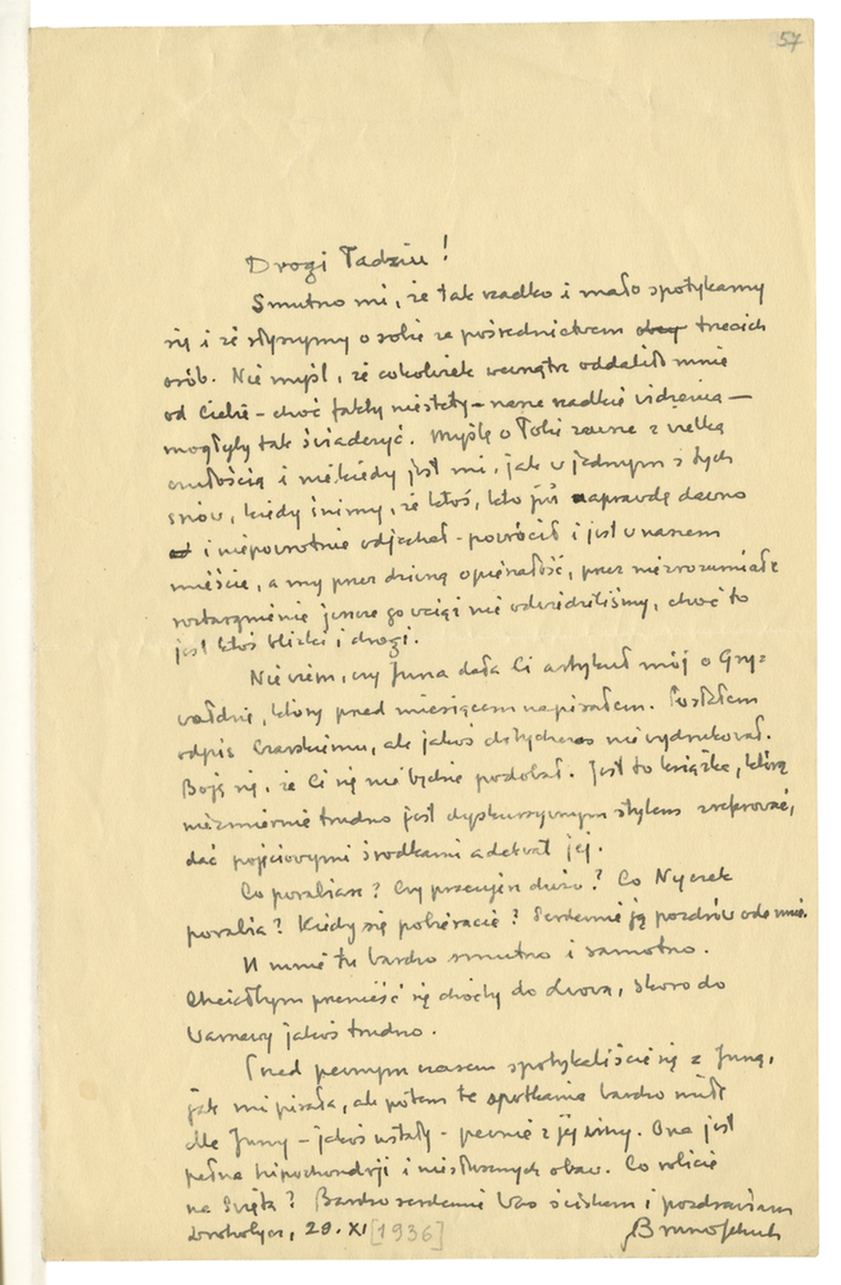List Brunona Schulza do Tadeusza Brezy z 29 listopada 1936_1